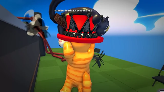 Cat Battles orange cat lifting an opponent at the ring edge during a sudden-death bout